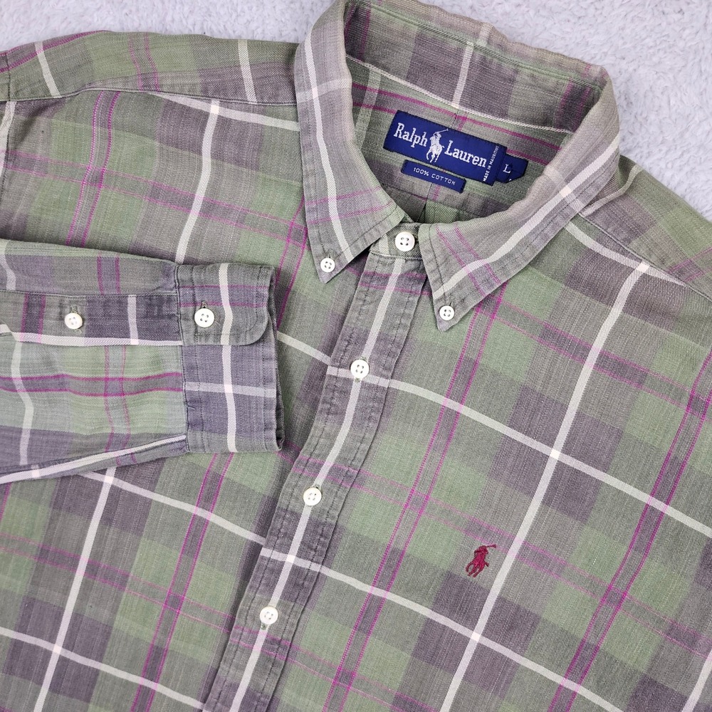 VTG 90s Ralph Lauren Shirt Mens Large Madras Plaid Flannel Button Down Preppy